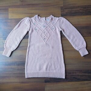 Nicole Miller Kids Pink Knit Sweater Dress Puff Sleeve Floral Embellished Size 5